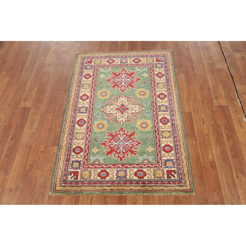 Green Geometric Kazak Foyer Rug Handmade Wool Carpet - 2'6"x 3'10"