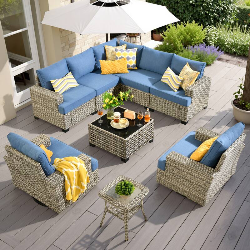 HOOOWOOO 9-piece Patio Wicker Sofa Swivel Chair Sectional Set