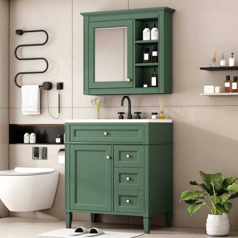 GDFStudio - Montvale Modern Freestanding Bathroom Vanity Set with Mirror Cabinet, Resin Sink & a Tip-out Drawer - 30'W