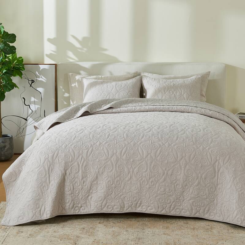 Patina Vie Maison 100% Cotton Stitched 3 Piece Quilt and Sham Set - Grey - Scroll - Full - Queen