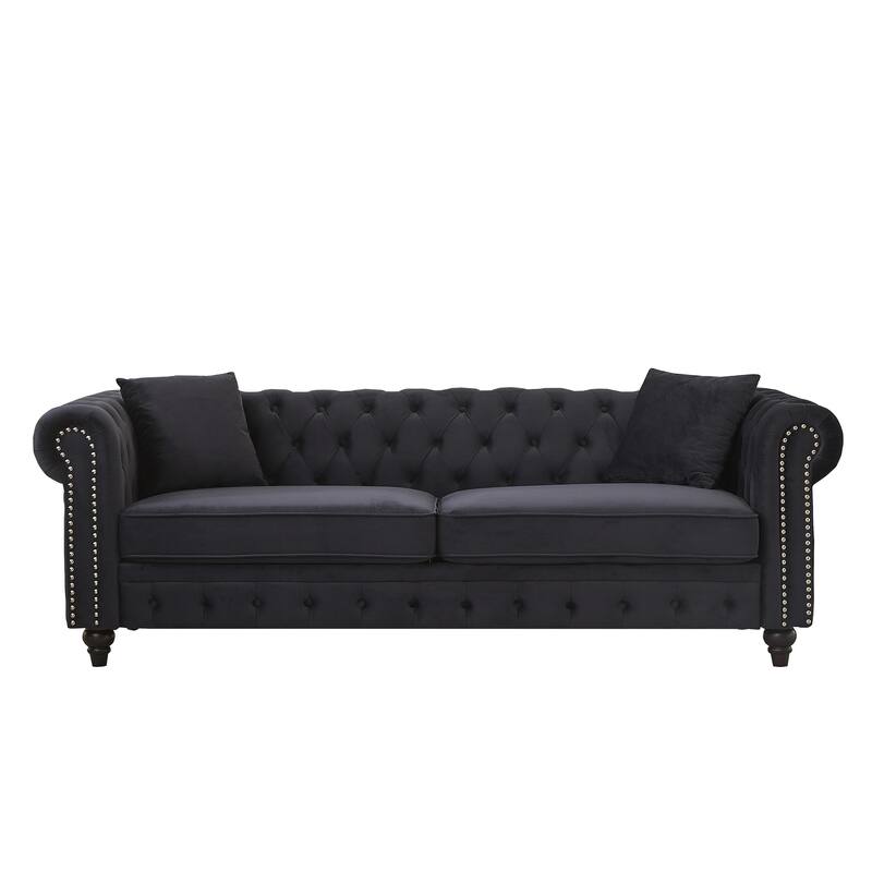 85.5"Living Room With Velvet Chesterfield Sofa With Rolled Arms 3 Seater Sofa With Button Design And 2 Cushions
