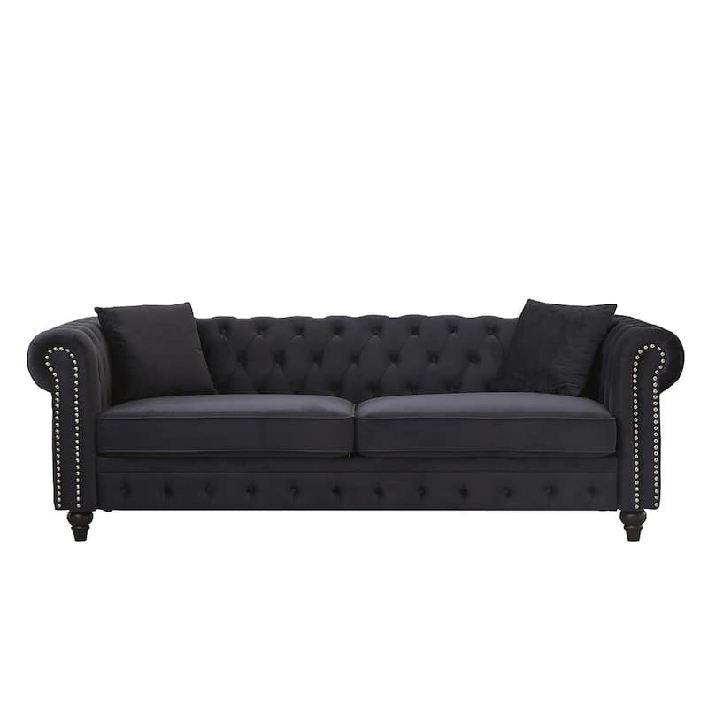 Velvet Chesterfield 3 Seater Sofa, Oversized Button Tufted Upholstered Sofa, Deep Seat Sofa with Rolled Arms & Nailhead Trim