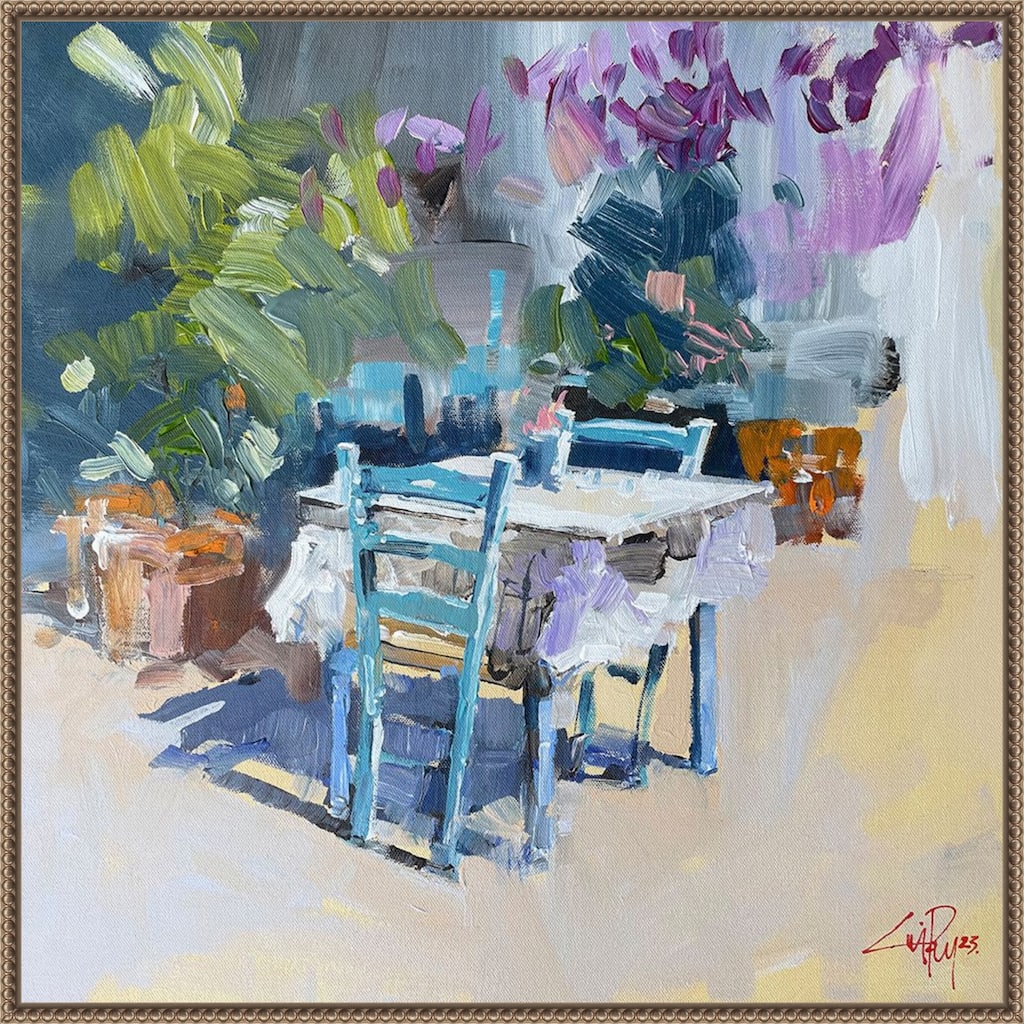 Patmos Taverna, Greece by Craig Trewin Penny (30 x 30 in.), Framed Canvas Wall Art Print