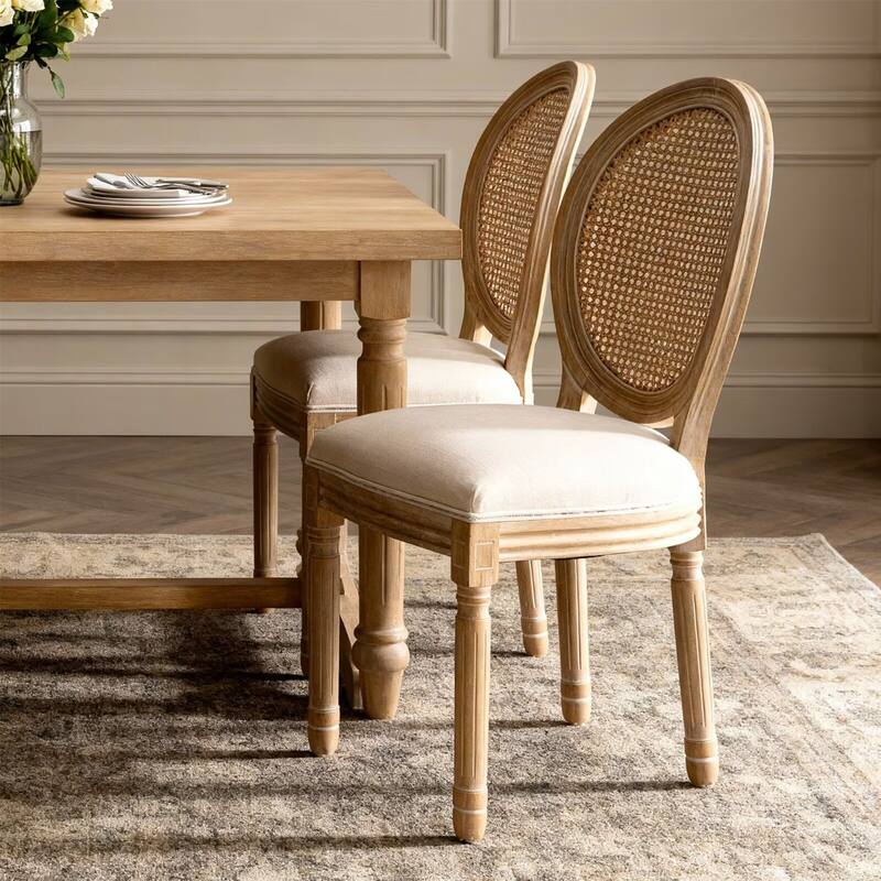 French Style Solid Wood Frame Linen Fabric Rattan Back Dining Chair (Set of 2)