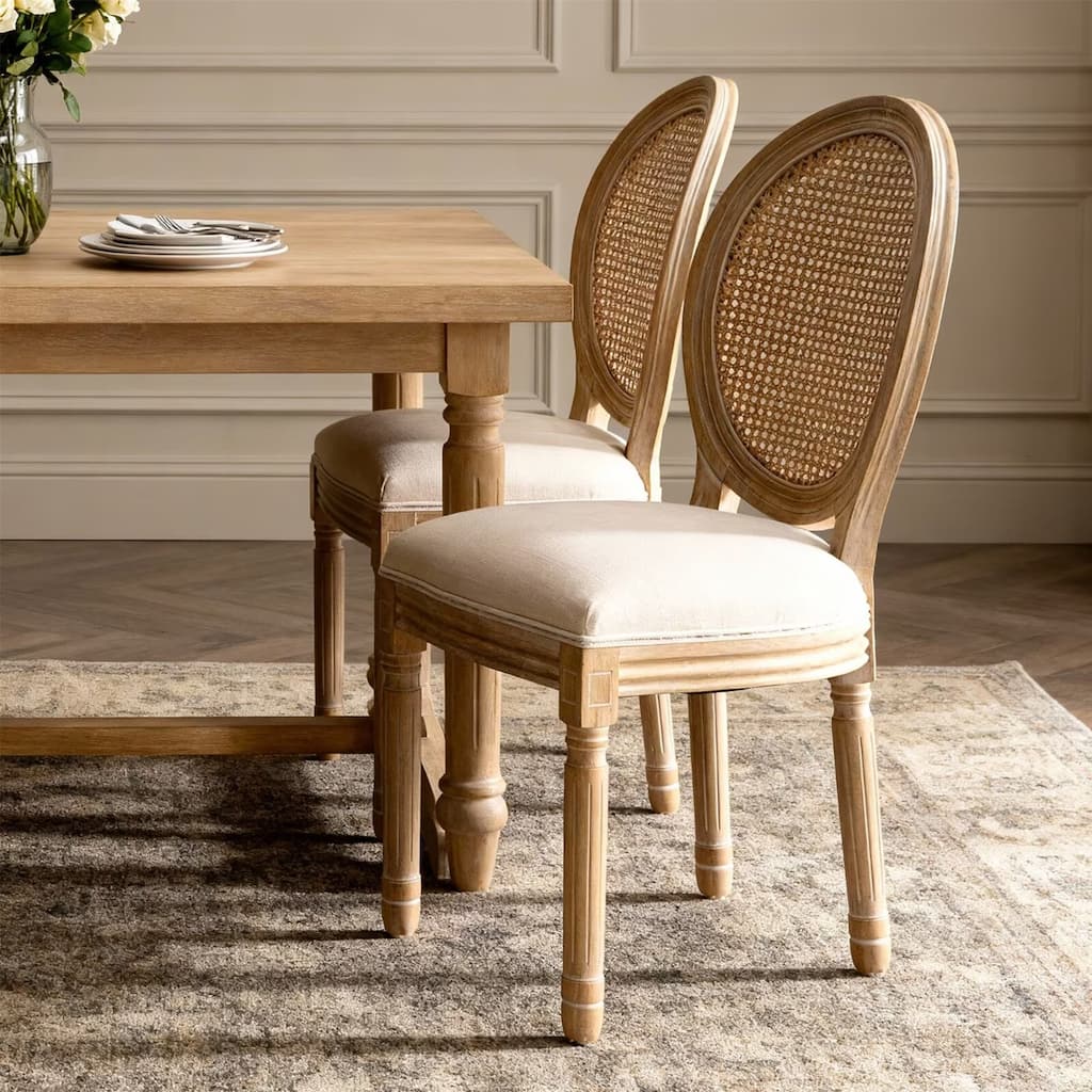 French Style Solid Wood Frame Linen Fabric Rattan Back Dining Chair (Set of 2)