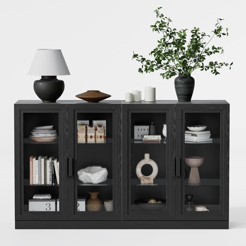Large Sideboard Buffet Cabinet with 4 Glass Doors 2 Adjustable Shelves for Kitchen Living/Dinning Room Bedroom Entryway