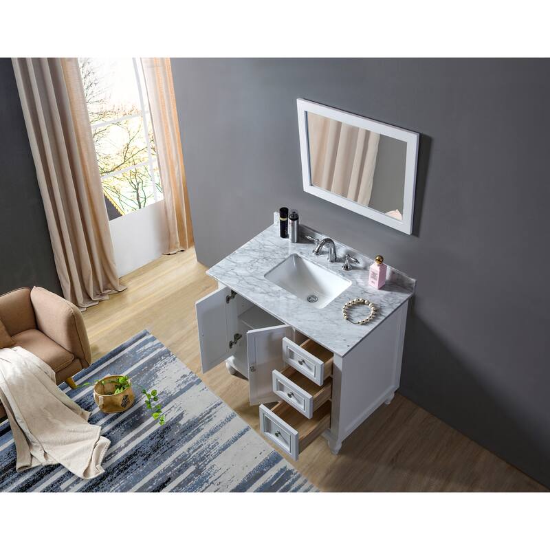 Classic 36 in. Vanity in White with White Carrara Marble Top and 1 large mirror
