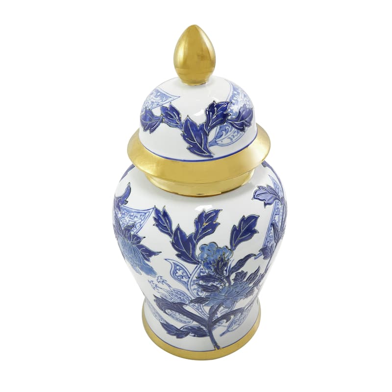 Ceramic Floral Living Room Decorative Jars with Cream and Gold Accents - Blue - Roche River Decor