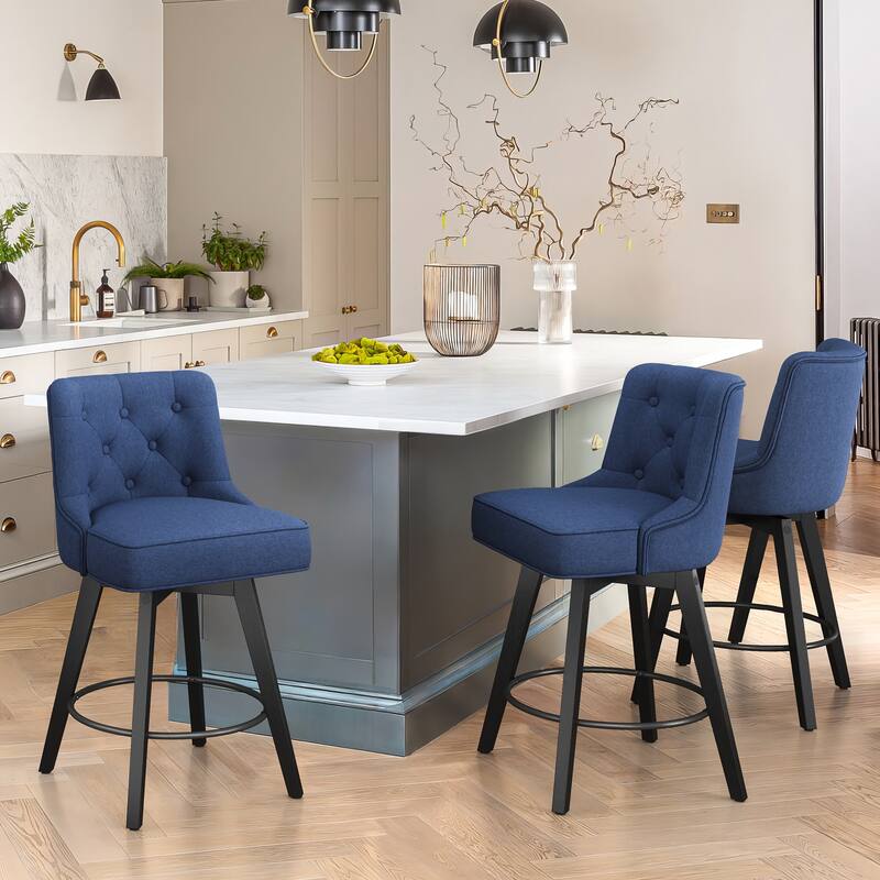 Modern 26 in. Counter Height Stool Upholstered Set of 3 Free Swivel Bar Stools with Back - Blue/Fabric - Counter Height