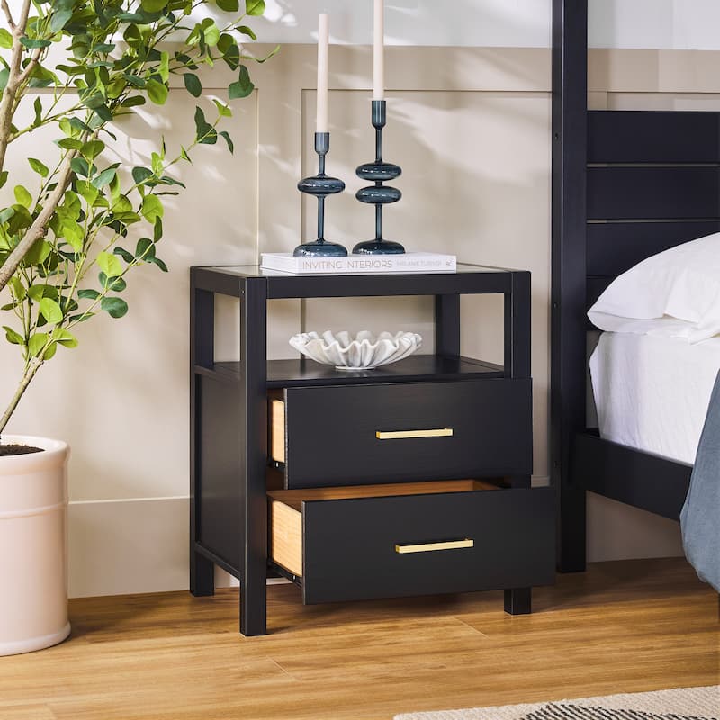 Walker Edison Solid Wood Nightstand with Tempered Glass Top