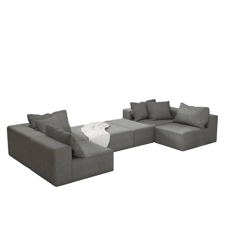 L Shaped Modular Sectional Sofa with Ottoman, Oversized Chenille Upholstered Boneless Sofa, Compression Sofa with 6 Pillows