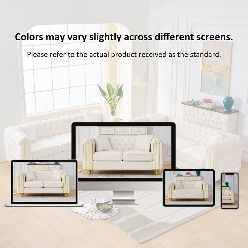 Roomfitters 63" Modern Upholstered Chesterfield Loveseat with Gold Trim, Button Back 2-Seater Couch for Small Spaces