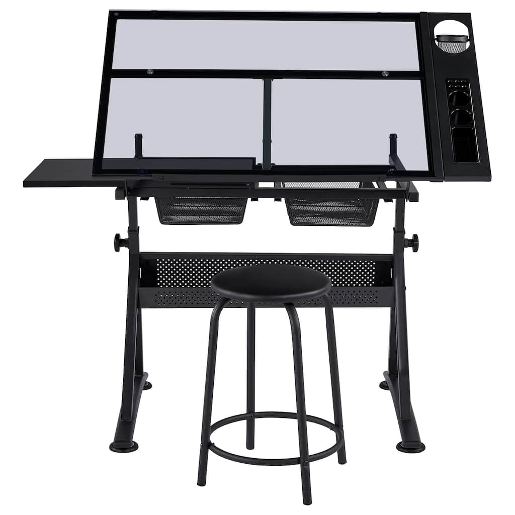 Yaheetech Height Adjustable Glass Drafting Table & Stool Set with 2 Drawers, Black