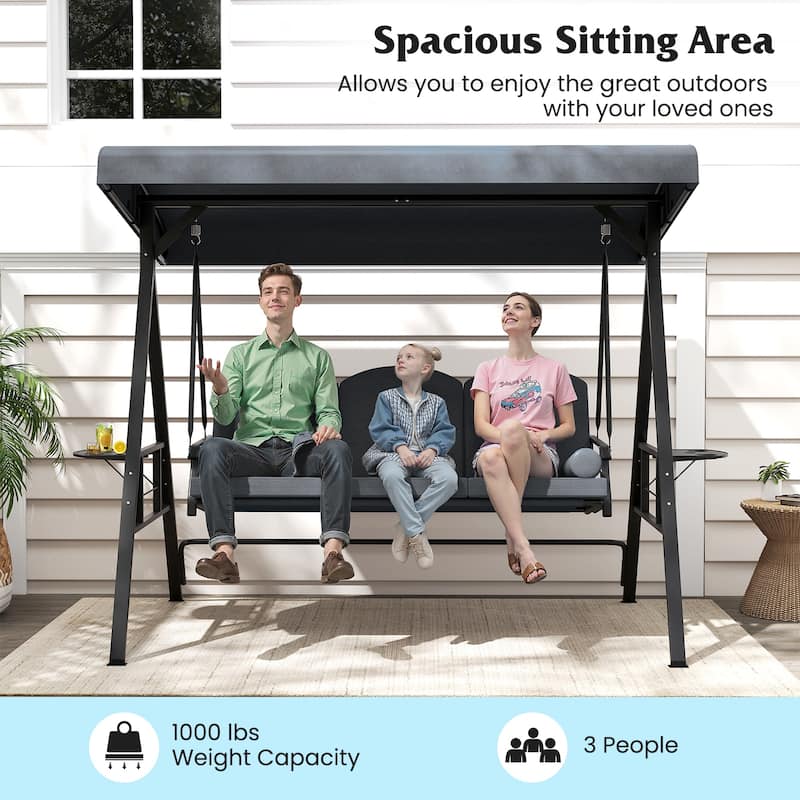 3-Person Patio Swing Chair with Adjustable Canopy and Cushions Side Trays for Outdoor Relaxation - 77" × 47" × 65"