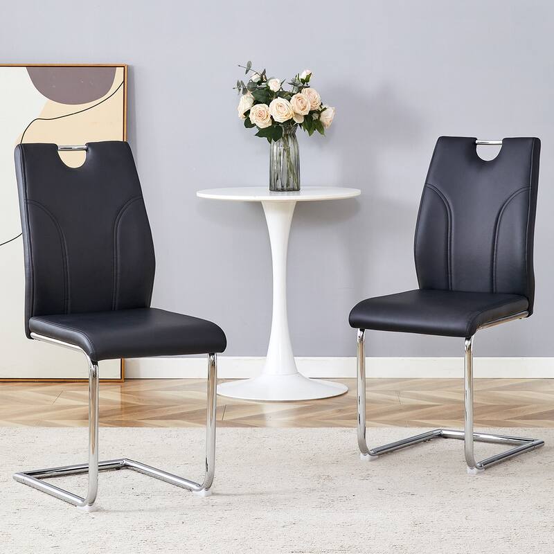 Modern 2 Piece PU Kitchen Dining Chairs with Cushions, Silver Metal Legs, Backrest for Dining Room Kitchen Living Room Bedroom - Black