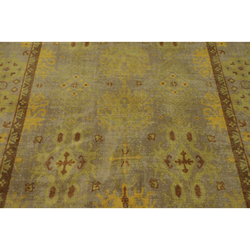 Hand-knotted Transitional Silk Carpet Green Oushak Rug Geometric Oriental Area Rug - 8' 0'' X 4' 11''