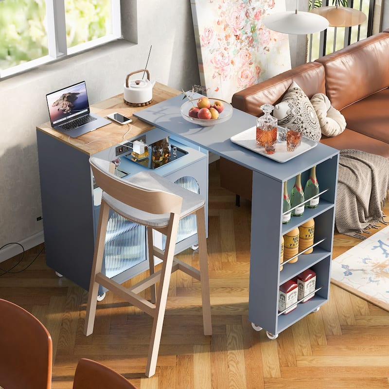 Kitchen Island With Extended Table On Wheels with LED Lights, 2 Fluted Glass Doors