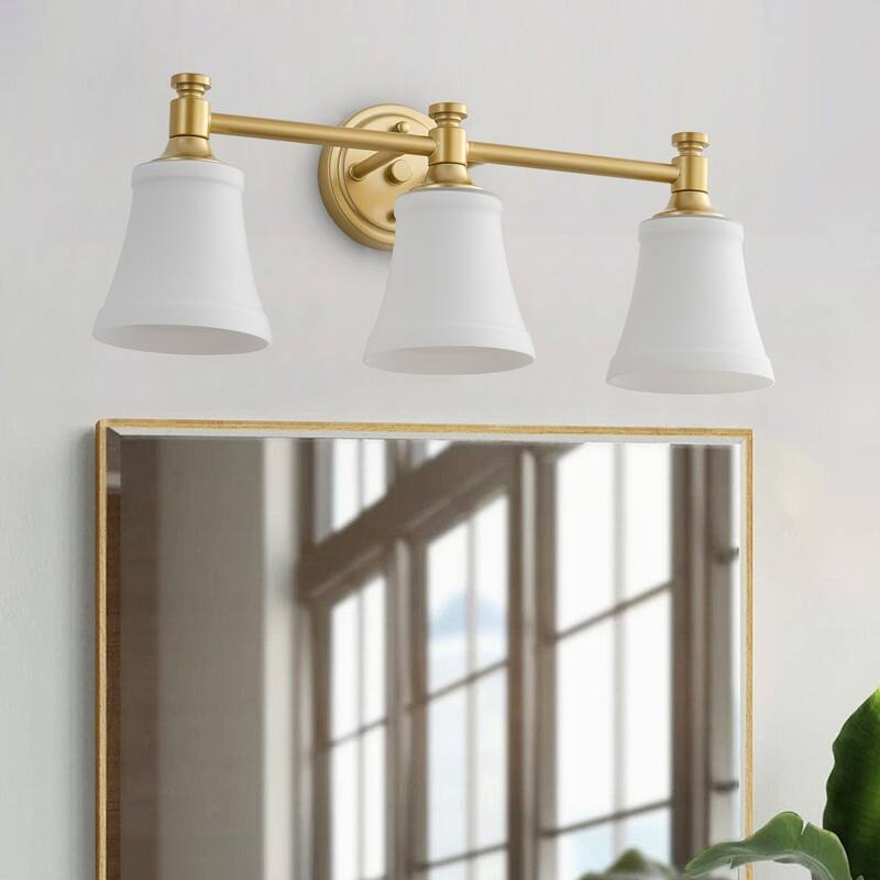 3 Light Antique Brass Vanity Wall Sconce with Frosted White Glass Shades Modern Vintage Bathroom Lighting Fixture