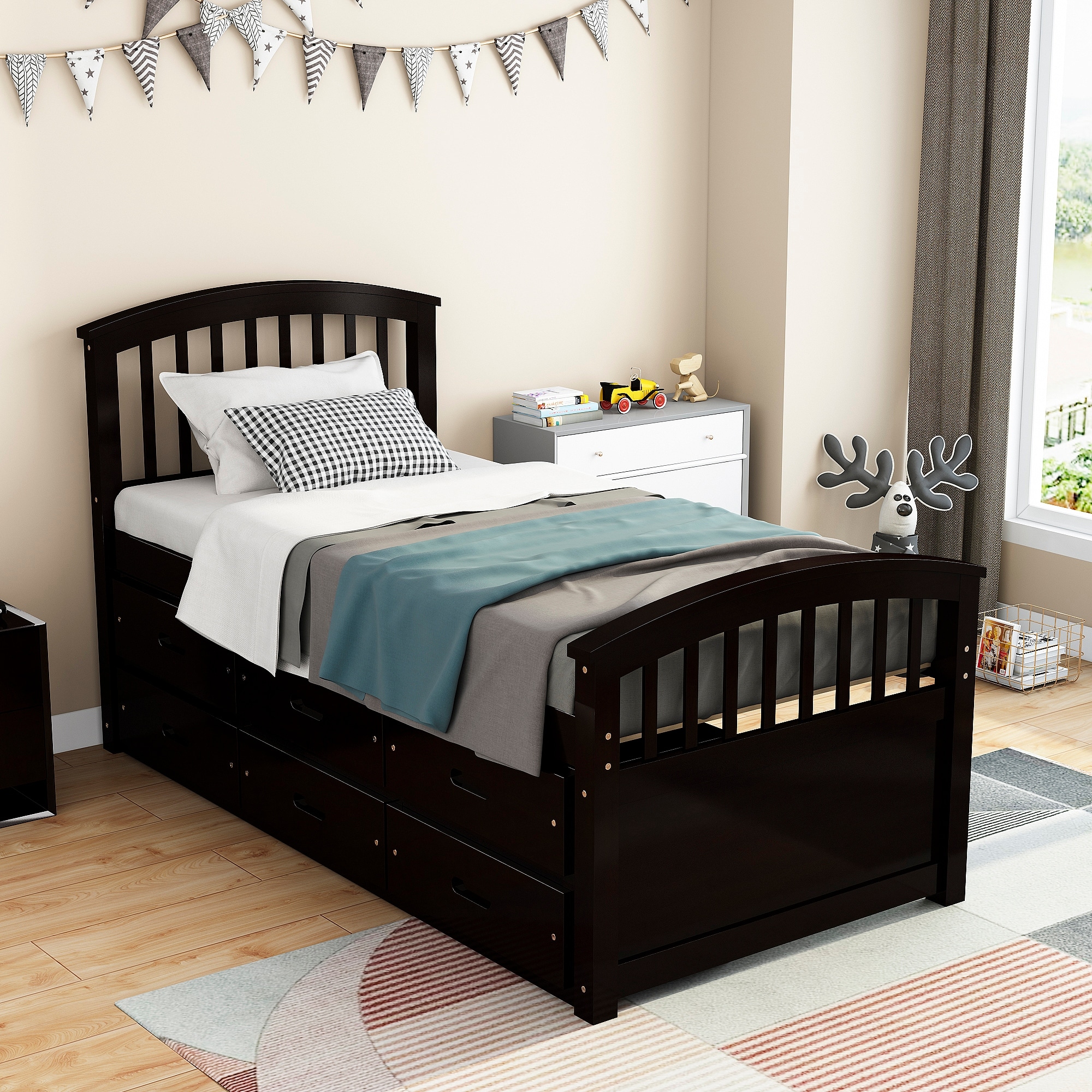 Modern Twin Size Platform Storage Bed with 6 Drawers