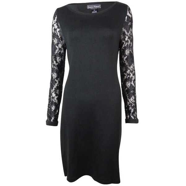Jessica Howard Women's Lace Sleeves Boat Neck Knit Dress - Black