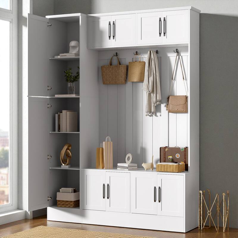 79'' Tall Modern 4-in-1 Hall Tree with Bench, 6 Cabinets, Adjustable Shelves & Coat Hooks for Entryway, Hallway, Living Room