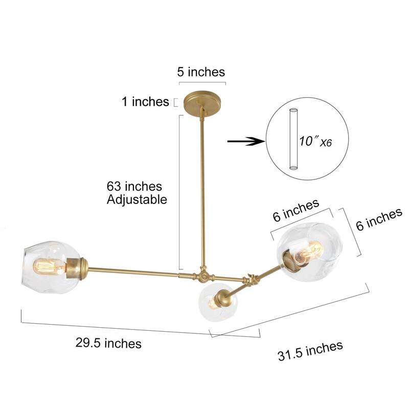 Mid-Century Modern 3-Light Gold Chandelier Hanging Ceiling Pendant Lights for Dining Room - 31.5"W x 29.5"H