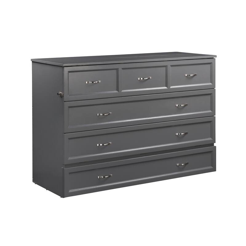Deerfield Queen Murphy Bed Chest with 6" Mattress, Storage Drawer & Built-In Charger in Grey