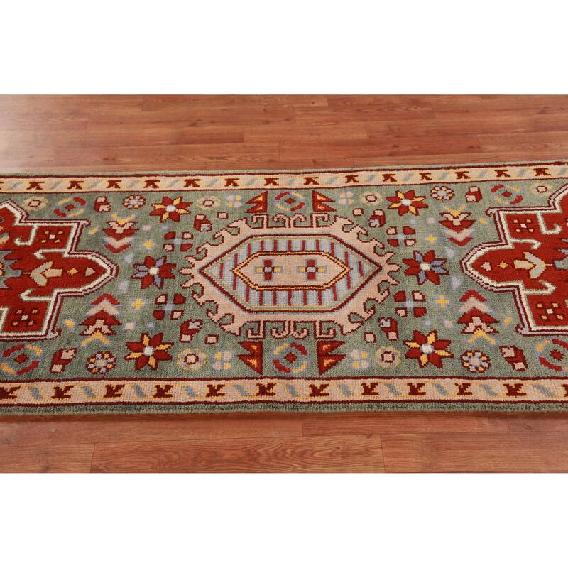 Hand Knotted Oriental 100% Wool Carpet Transitional Geometric Green Khotan Runner Rug - 7' 10'' X 2' 6''