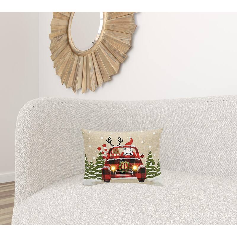 HomeRoots 13" X 18" Beige and Red Christmas Holiday Van Polyester Pillow With Applique