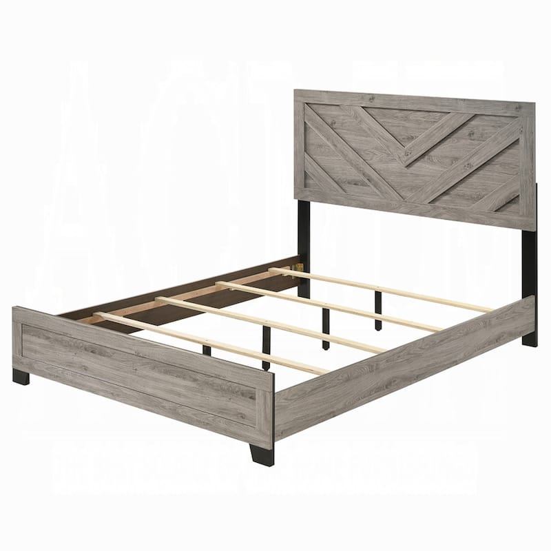 Rachy Queen Bed, Farmhouse Chevron Headboard, Light Gray Black Wood