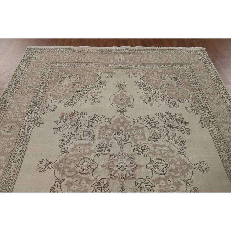 Beige Distressed Tabriz Vintage Persian Rug Hand-Knotted Wool Carpet - 6'9" x 9'6"