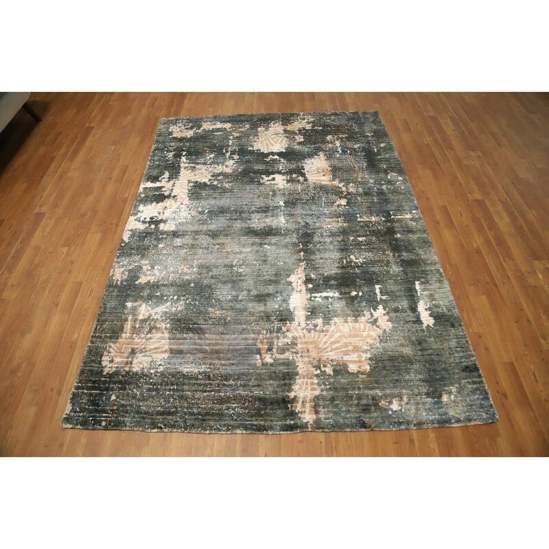Hand Knotted Oriental Viscose Silk Carpet Modern Abstract Greys & Charcoal Abstract Area Rug - 7' 8'' X 5' 7''
