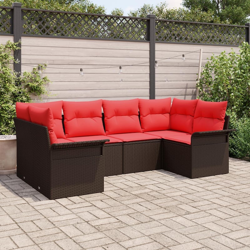 vidaXL 6 Garden Sofa Set with Cushions Black/Brown/Grey Poly Rattan - 92.1 x 52.2 x 27.2 - Brown