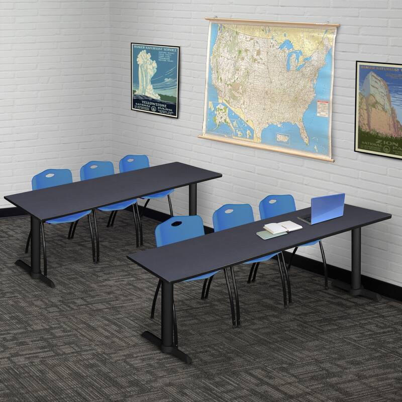 84" x 24" Training Table- Grey & 3 'M' Stack Chairs- Blue