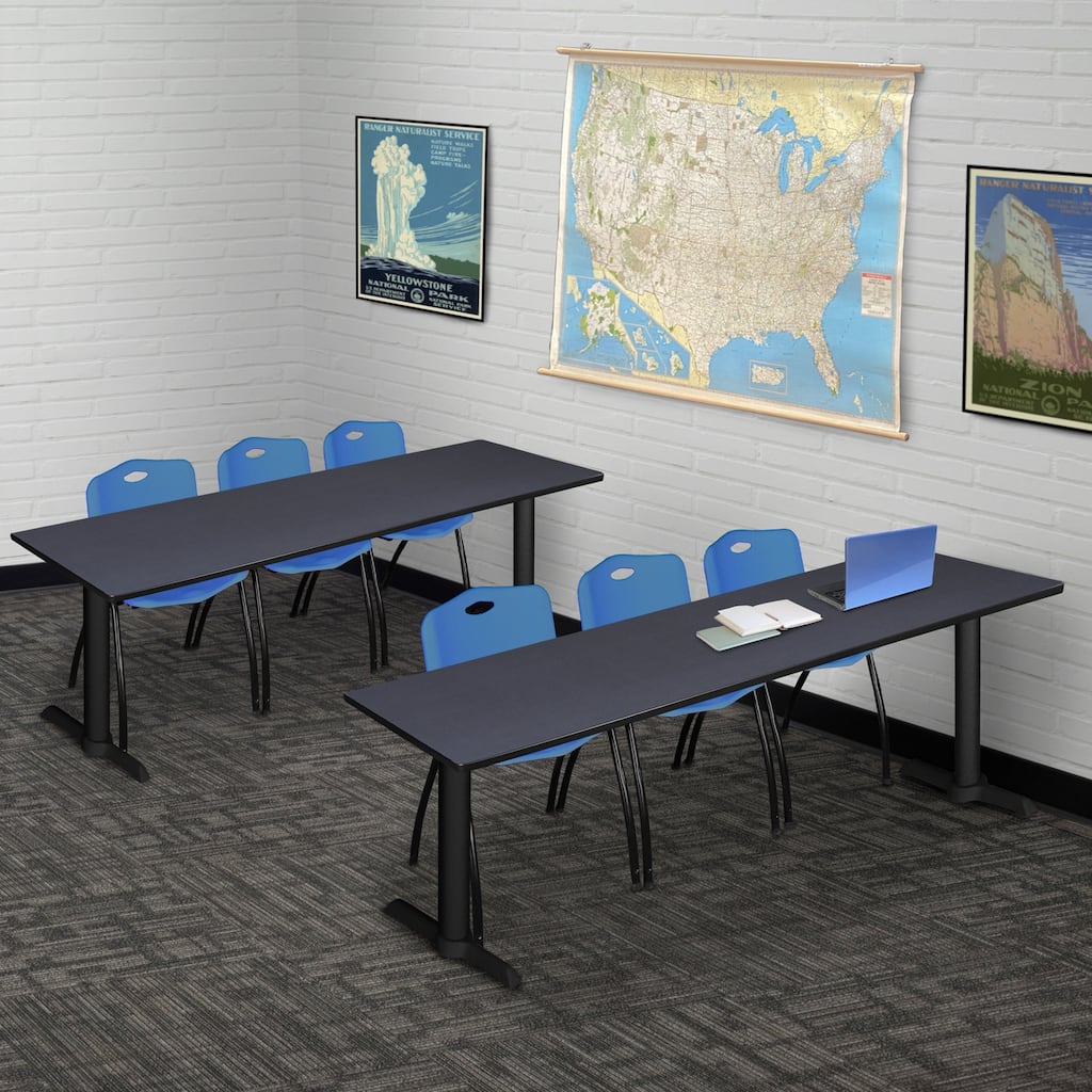 84" x 24" Training Table- Grey & 3 'M' Stack Chairs- Blue