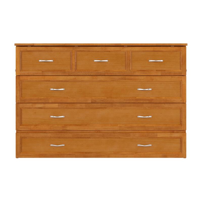 Northfield Queen Murphy Bed Chest with 6" Mattress, Storage Drawer & Built-In Charger in Light Toffee