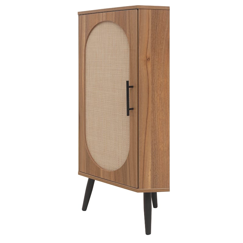 Roomfitters Corner Cabinet with Rattan Door, Freestanding Storage Shelf Stand for Small Spaces