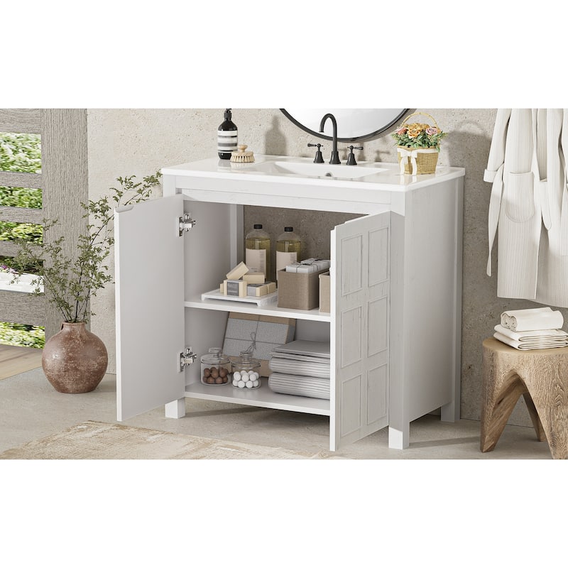 GDFStudio - Elysia Wood & Ceramic Bathroom Vanity with Sink & Storage Cabinet Organizer