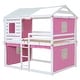 preview thumbnail 8 of 17, Pink+White Full Size Solid Wood House Bunk Bed with Tent & Ladder