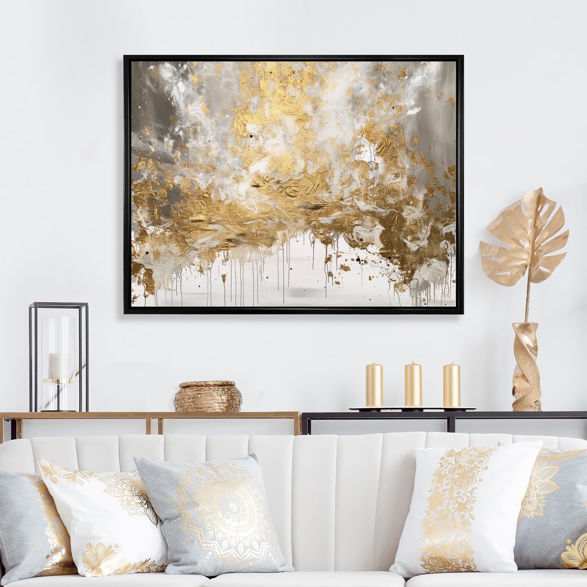 Designart "Golden Abstract" Abstract Framed Canvas Wall Art Print