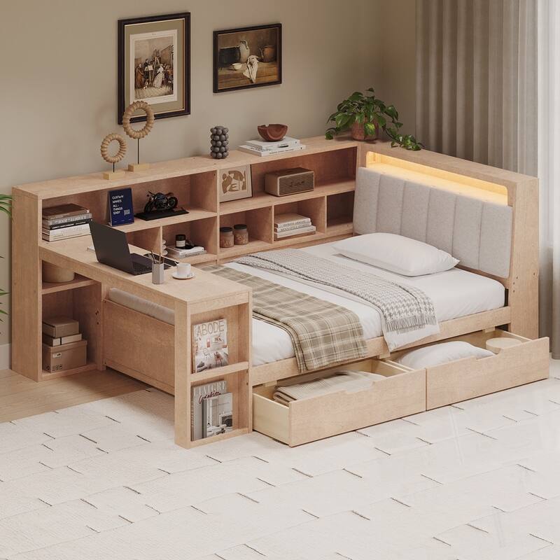 L-shaped Wooden Daybed with Desk and Storage Bookcase with Upholstered Headboard