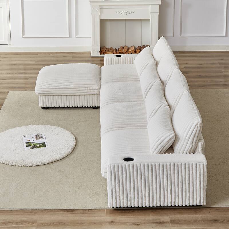 Modern 126-inch Corduroy Sofa with 4 Cushions, Movable Footrest, USB Ports, and Cup Holders