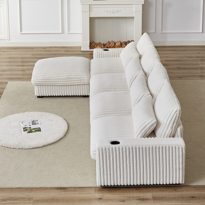 Super Large 126-Inch Corduroy L-Shaped Sofa with Cup Holders, USB Port, Movable Footrest, and 8 Cushions.