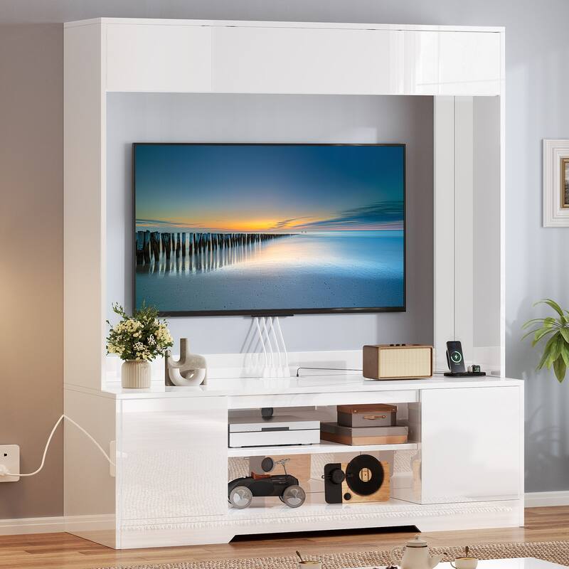 Moasis Modern Glossy Entertainment Wall Unit TV Stand and Media Console with Bridge - White