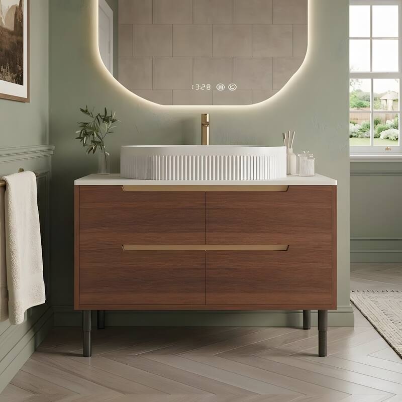 36 inch Bathroom Vanity, Freestanding or Wall Mounted with Ceramic Integrated Sink & Soft-Close Drawers