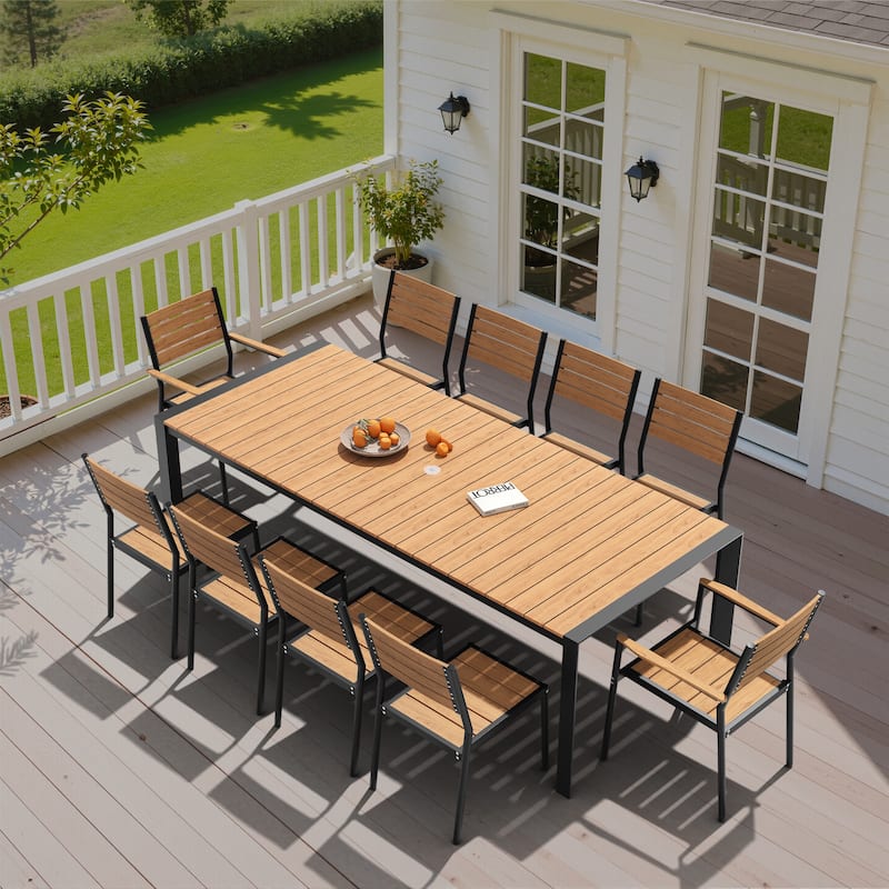 11-Piece Outdoor Patio Dining Set Wood Like Table Top Aluminum Rectangular Umbrella Hole Table with Stackable Chairs - Brown