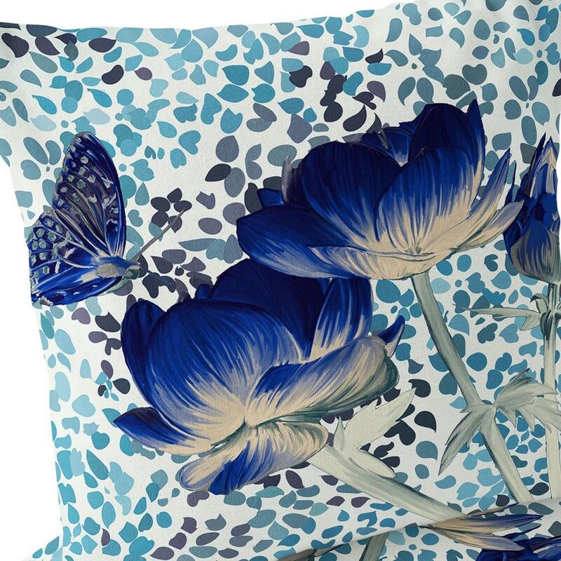 HomeRoots Set of Two 16" X 16" Blue and Off White Butterfly Blown Seam Floral Indoor Outdoor Throw Pillow
