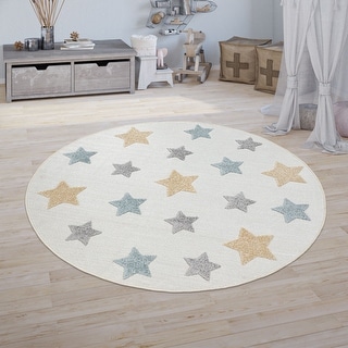 Low-Pile Kids Rug Modern Play Mat Pastel Colored Stars in Cream