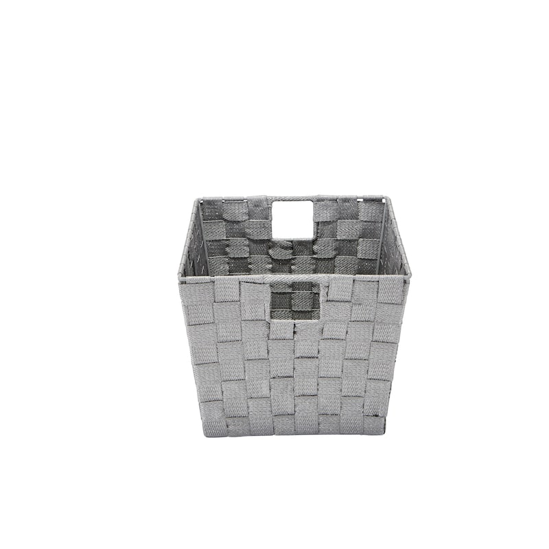 Simplify Medium Lurex Striped Woven Storage Bin in Grey/Silver - 10" x 12" x 8"