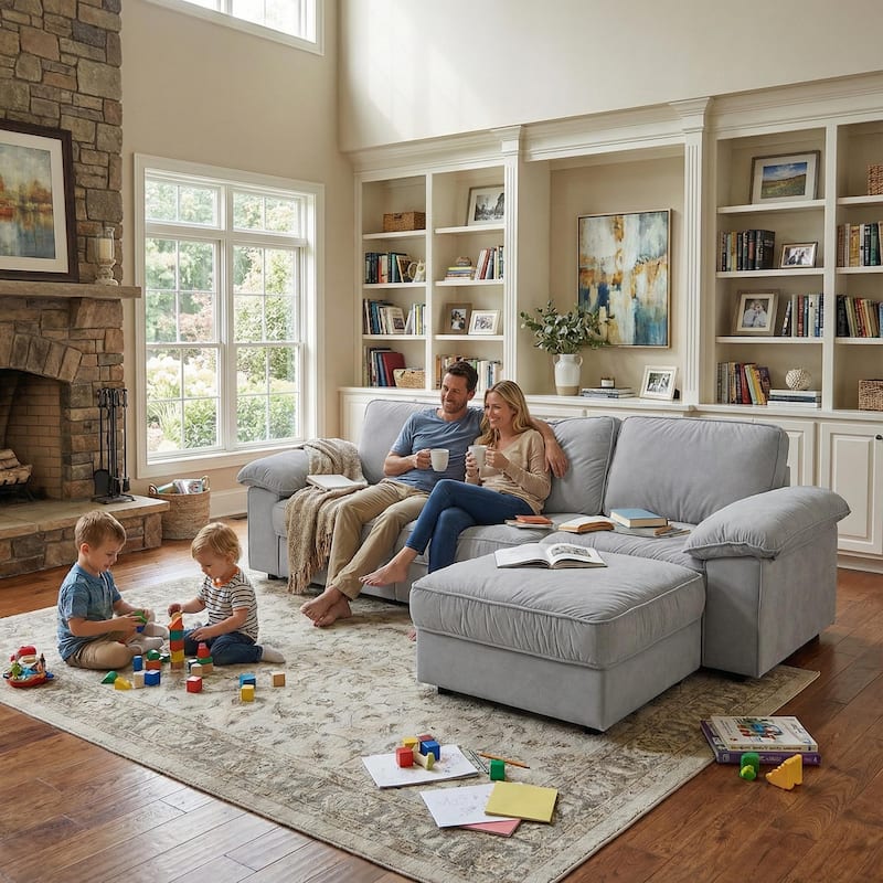 Upholstered L-Shaped Sectional Sofa Couch with Ottoman, Modern Fabric Deep Seat Sofa